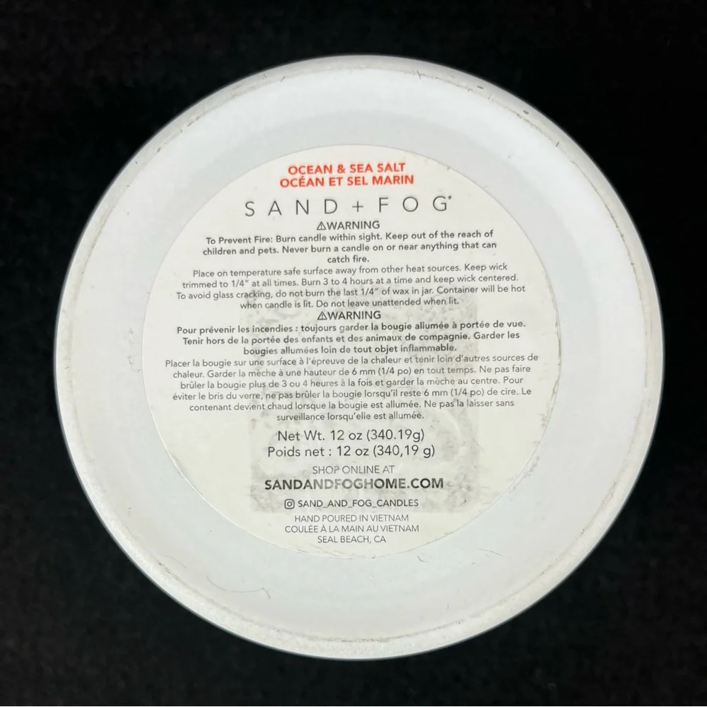 NWT Sand + Fog Ocean & Sea Salt Candle 2 Wick 12oz White Opaque Jar Wood Lid